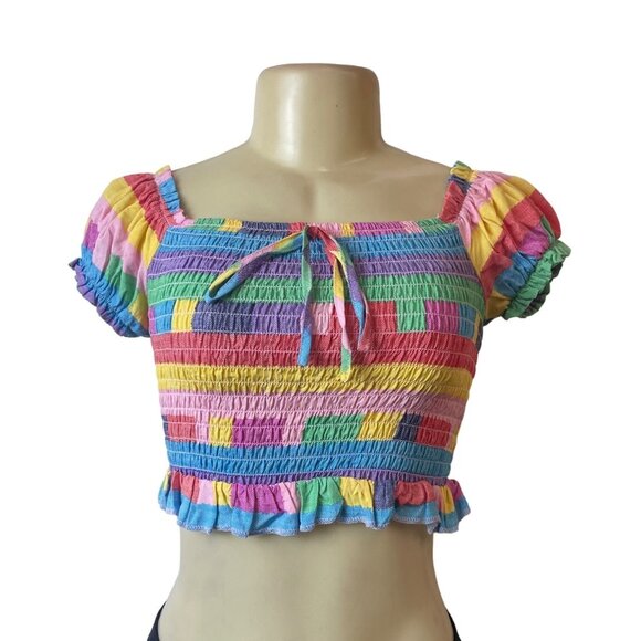BCBGeneration Women's Multicolor Playful Stripe Smocked Crop Top Sz XS - Picture 1 of 7